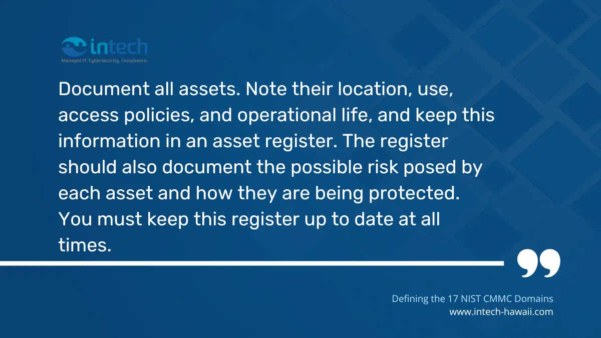 Document all assets. Note their location, use, access policies, and operational life,